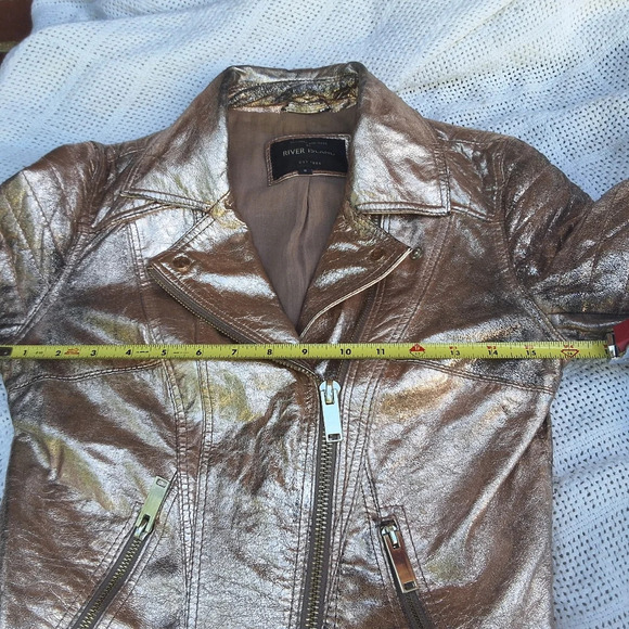 River Island Distressed Rose/ Gold leather bomber jacket S UK8 - Picture 3 of 14